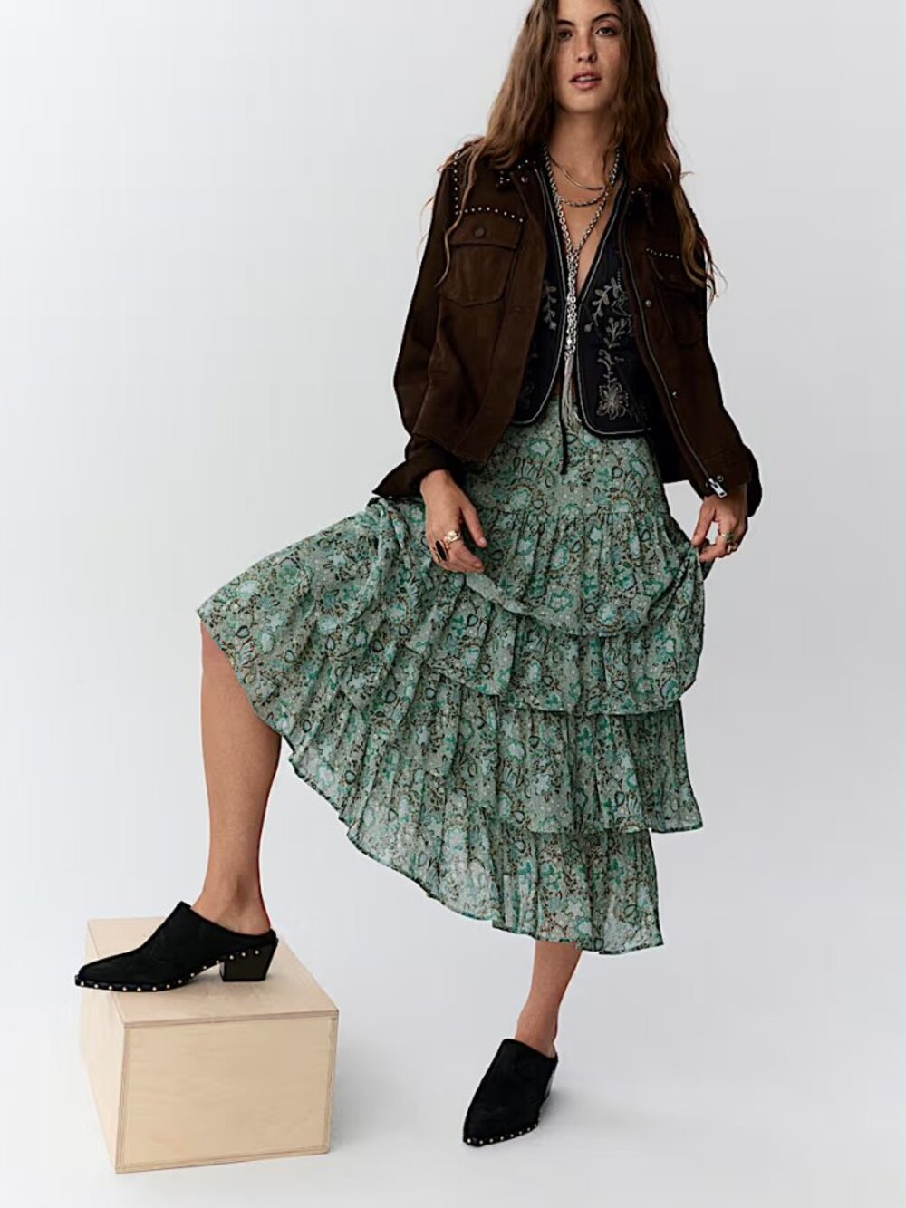 Printed Ruffle Tiered Midaxi Skirt